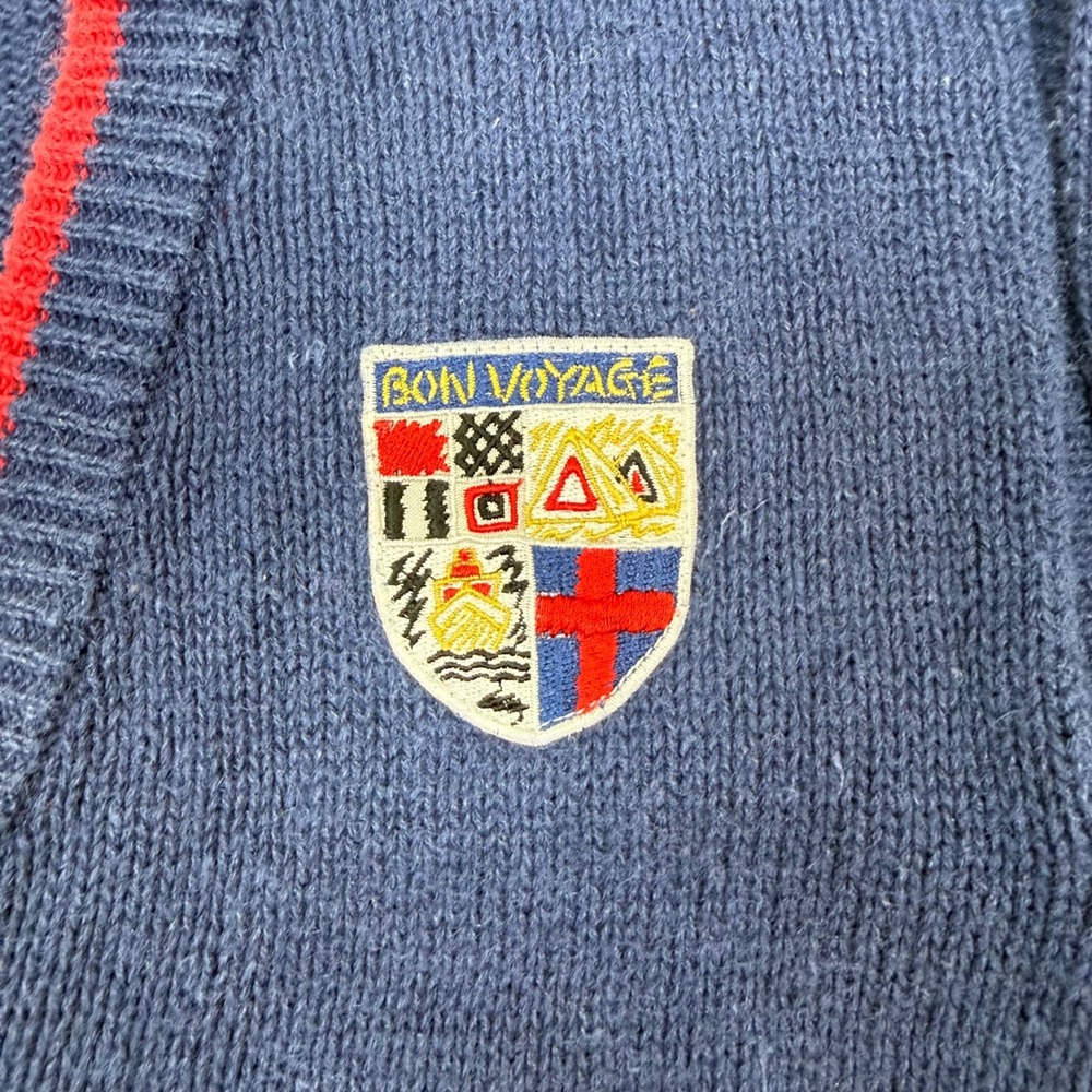 Vintage Kids Navy Argyle Knit Cardigan Red Trim Bon Voyage Crest Patch Size 4 - Picture 8 of 14